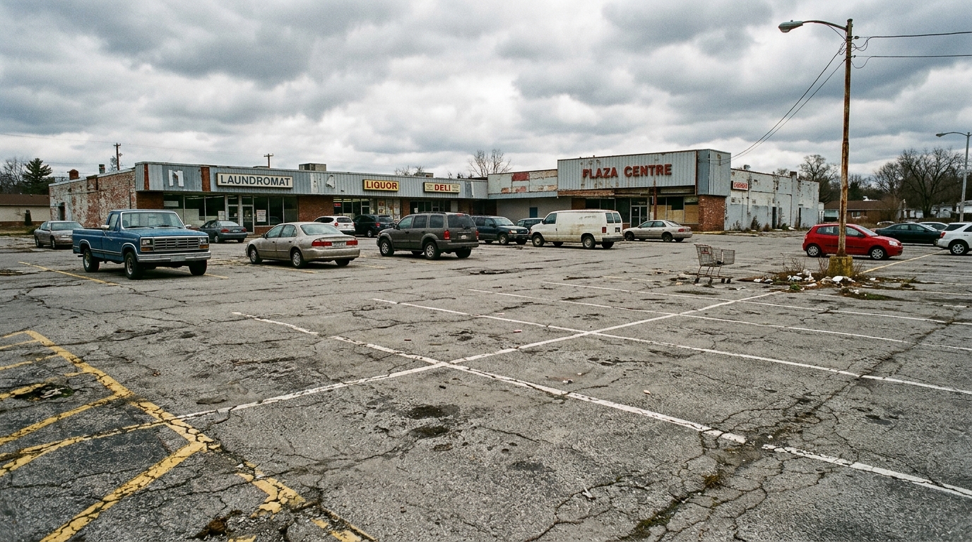 Faded worn commercial parking lot before striping
