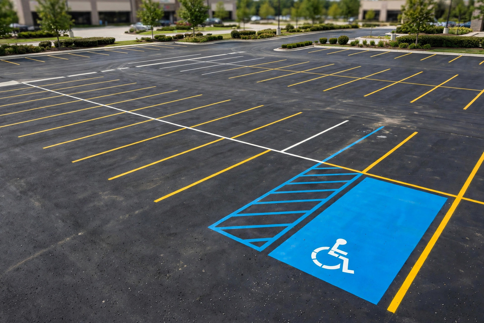 Commercial parking lot striped with precision ADA spots and clean yellow stalls
