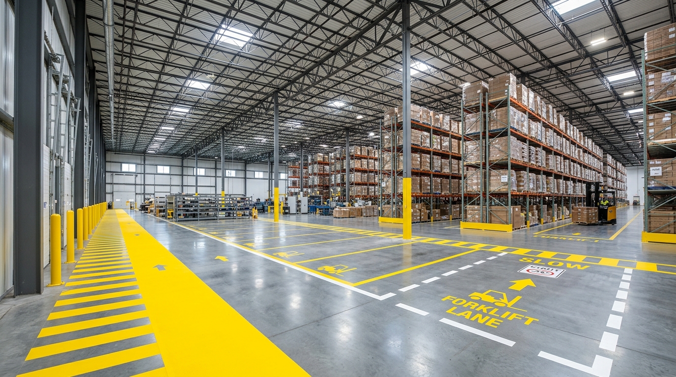 Interior warehouse floor safety line striping